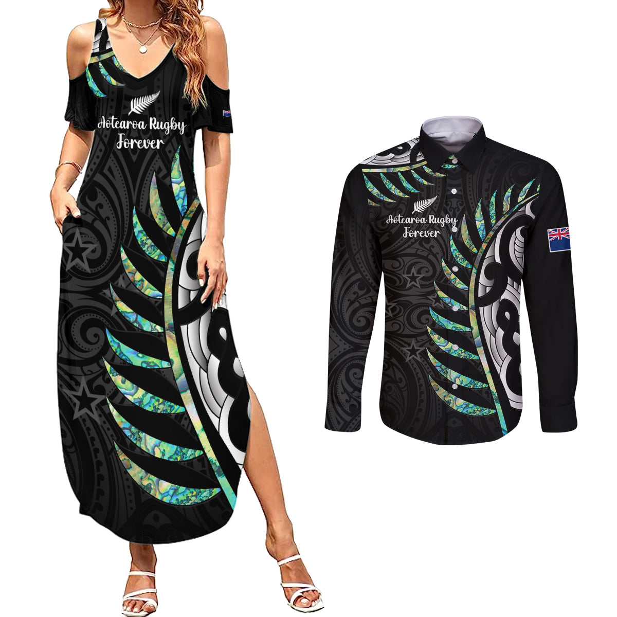 Personalised New Zealand Silver Fern Rugby Couples Matching Summer Maxi Dress and Long Sleeve Button Shirt Paua Shell With Champions Trophy History NZ Forever LT14 Black - Polynesian Pride