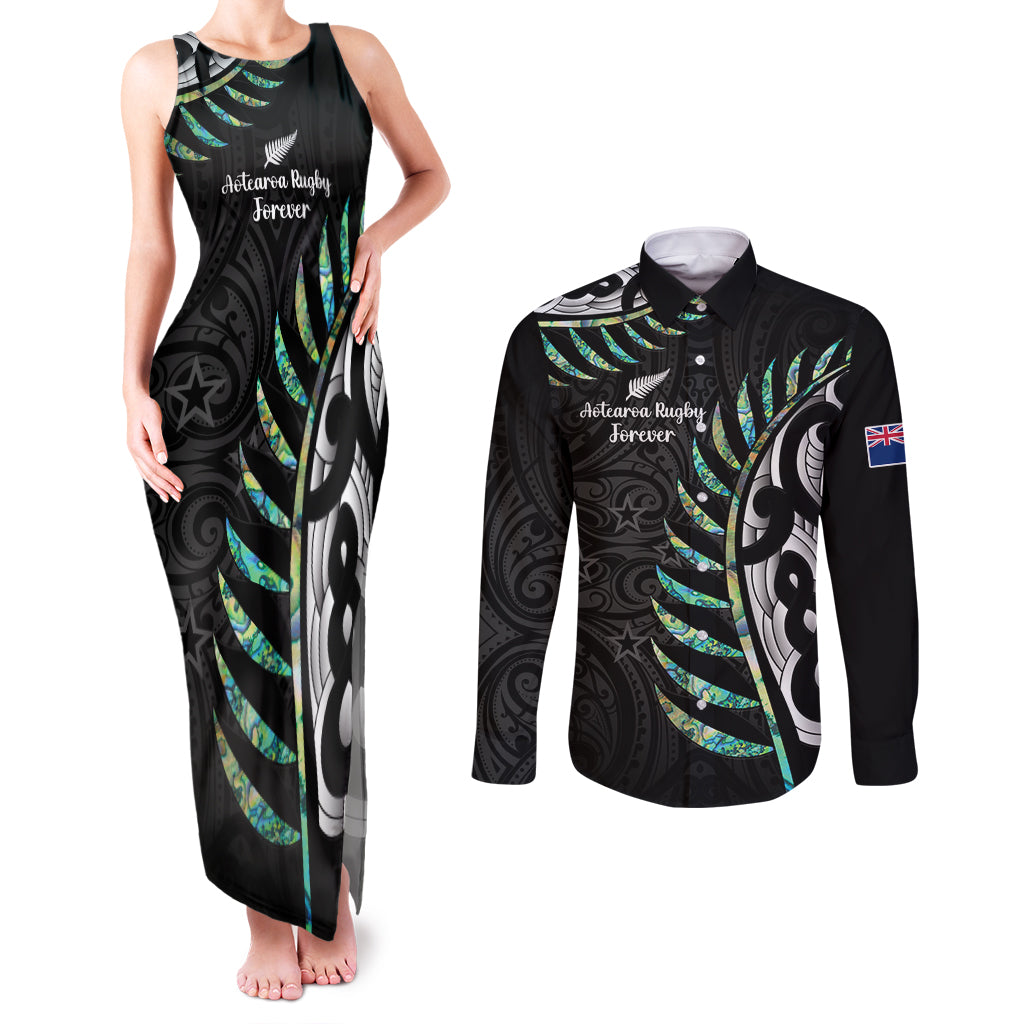 Personalised New Zealand Silver Fern Rugby Couples Matching Tank Maxi Dress and Long Sleeve Button Shirt Paua Shell With Champions Trophy History NZ Forever LT14 Black - Polynesian Pride