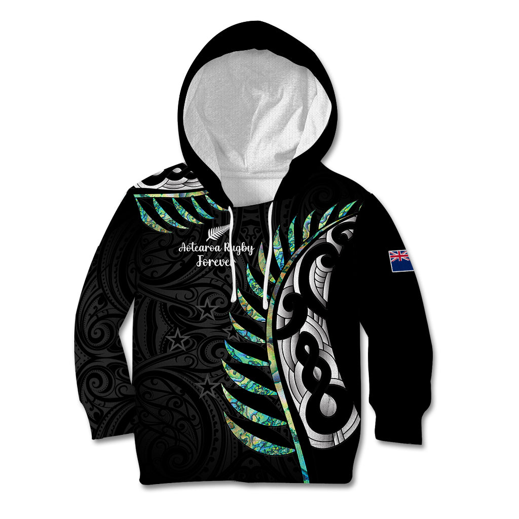 Personalised New Zealand Silver Fern Rugby Kid Hoodie Paua Shell With Champions Trophy History NZ Forever LT14 Hoodie Black - Polynesian Pride