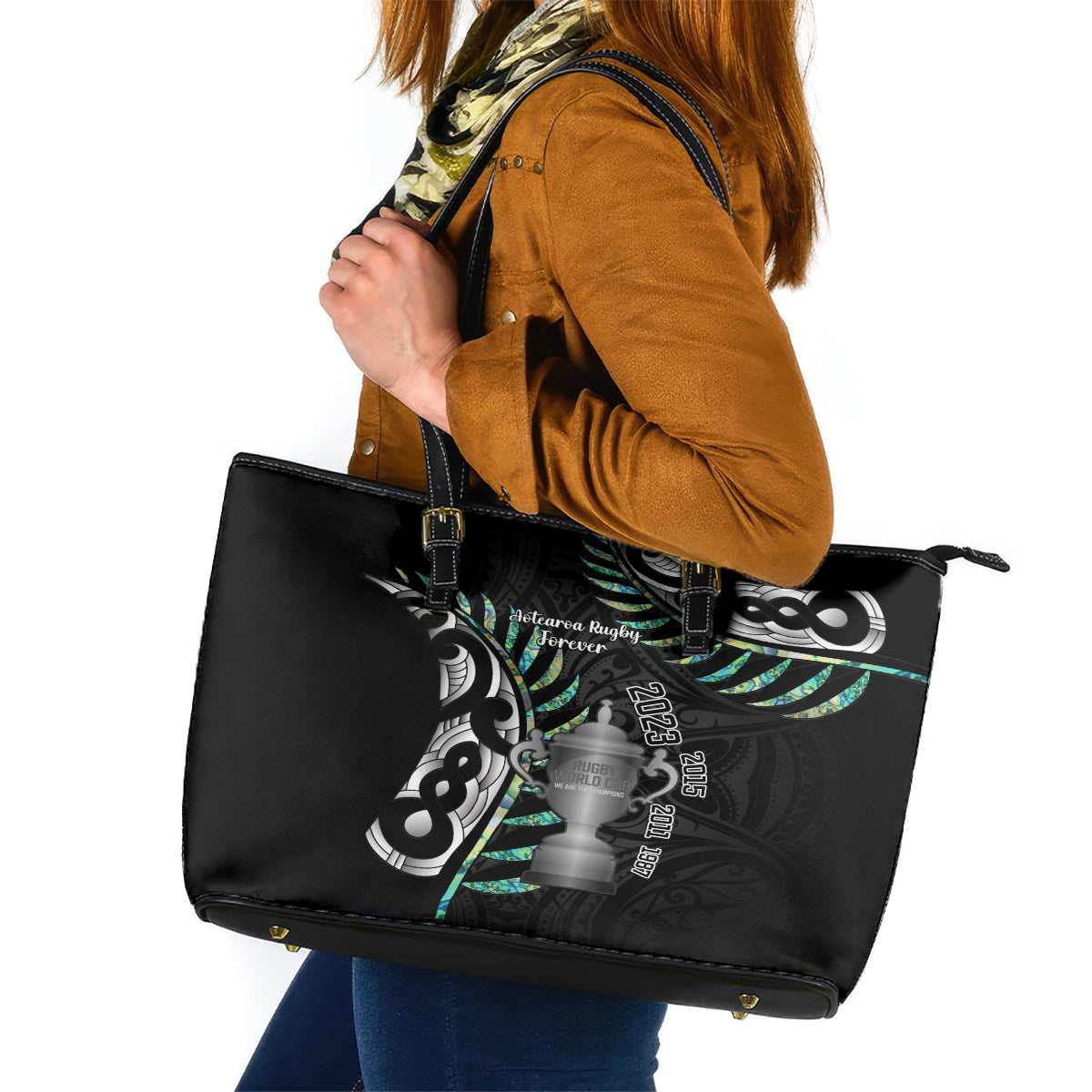 Personalised New Zealand Silver Fern Rugby Leather Tote Bag Paua Shell With Champions Trophy History NZ Forever LT14 Black - Polynesian Pride