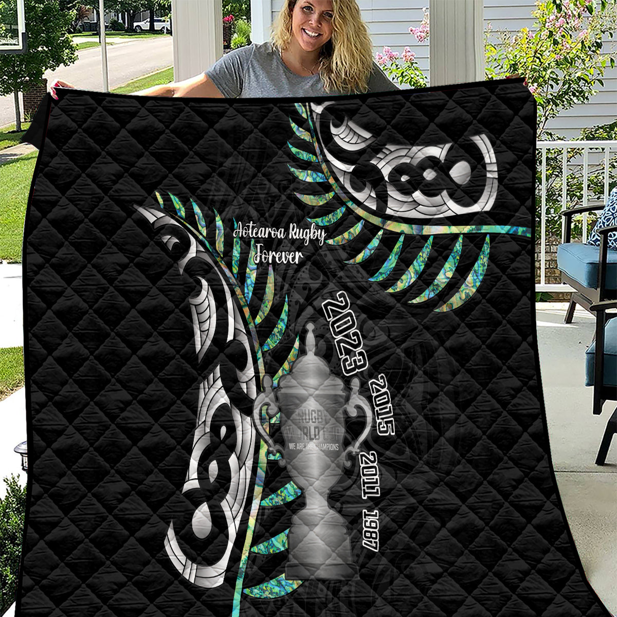 Personalised New Zealand Silver Fern Rugby Quilt Paua Shell With Champions Trophy History NZ Forever LT14 Black - Polynesian Pride