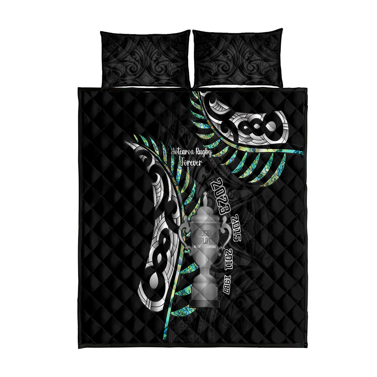 Personalised New Zealand Silver Fern Rugby Quilt Bed Set Paua Shell With Champions Trophy History NZ Forever LT14 Black - Polynesian Pride