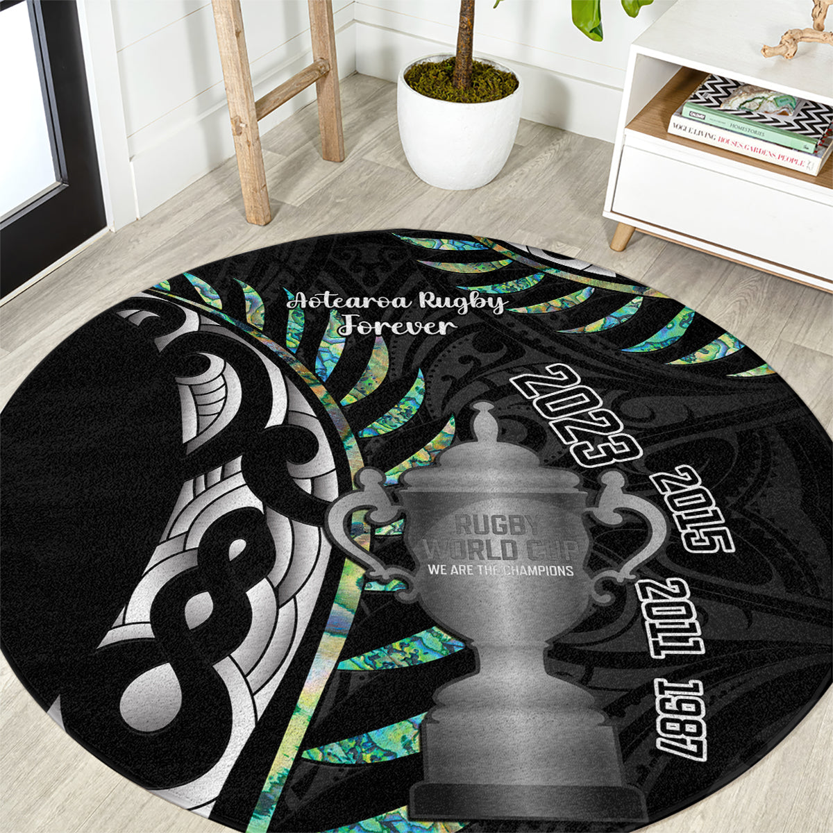 Personalised New Zealand Silver Fern Rugby Round Carpet Paua Shell With Champions Trophy History NZ Forever LT14 Black - Polynesian Pride