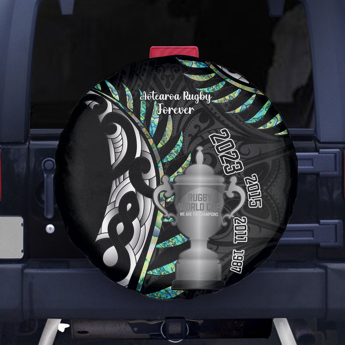 Personalised New Zealand Silver Fern Rugby Spare Tire Cover Paua Shell With Champions Trophy History NZ Forever LT14 Black - Polynesian Pride