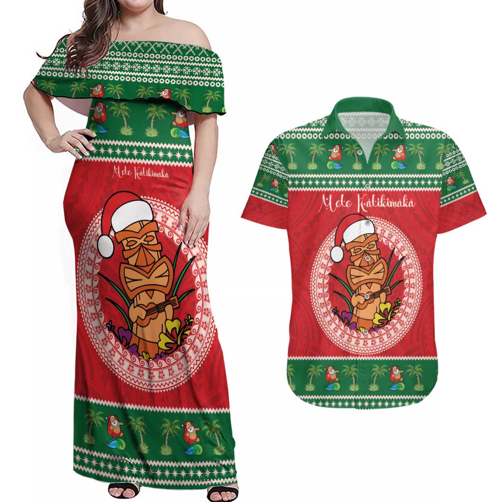 Personalized Hawaii Christmas Couples Matching Off Shoulder Maxi Dress and Hawaiian Shirt Tiki Santa Mele Kalikimaka