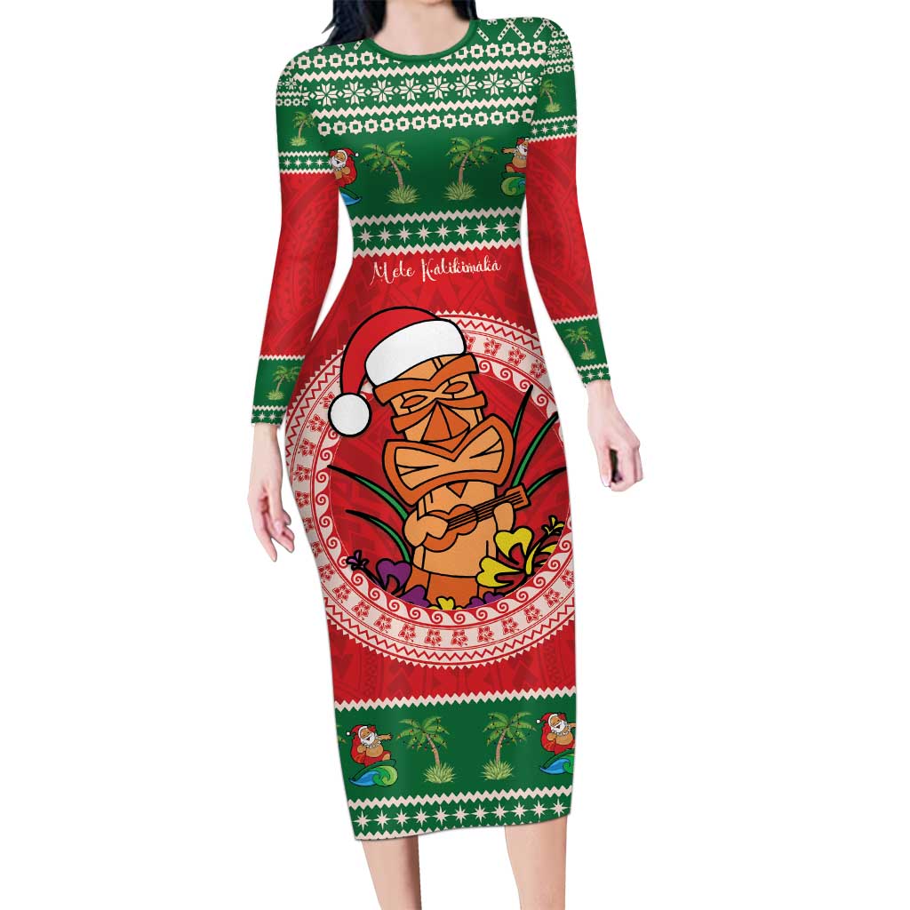Personalized Hawaii Christmas Long Sleeve Bodycon Dress Tiki Santa Mele Kalikimaka LT14 Long Dress Red - Polynesian Pride
