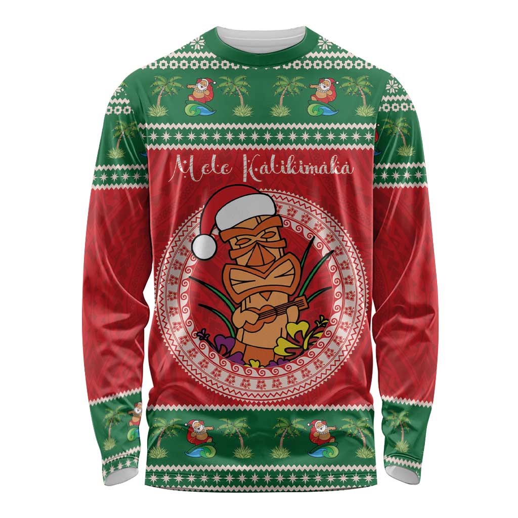 Personalized Hawaii Christmas Long Sleeve Shirt Tiki Santa Mele Kalikimaka LT14 Unisex Red - Polynesian Pride