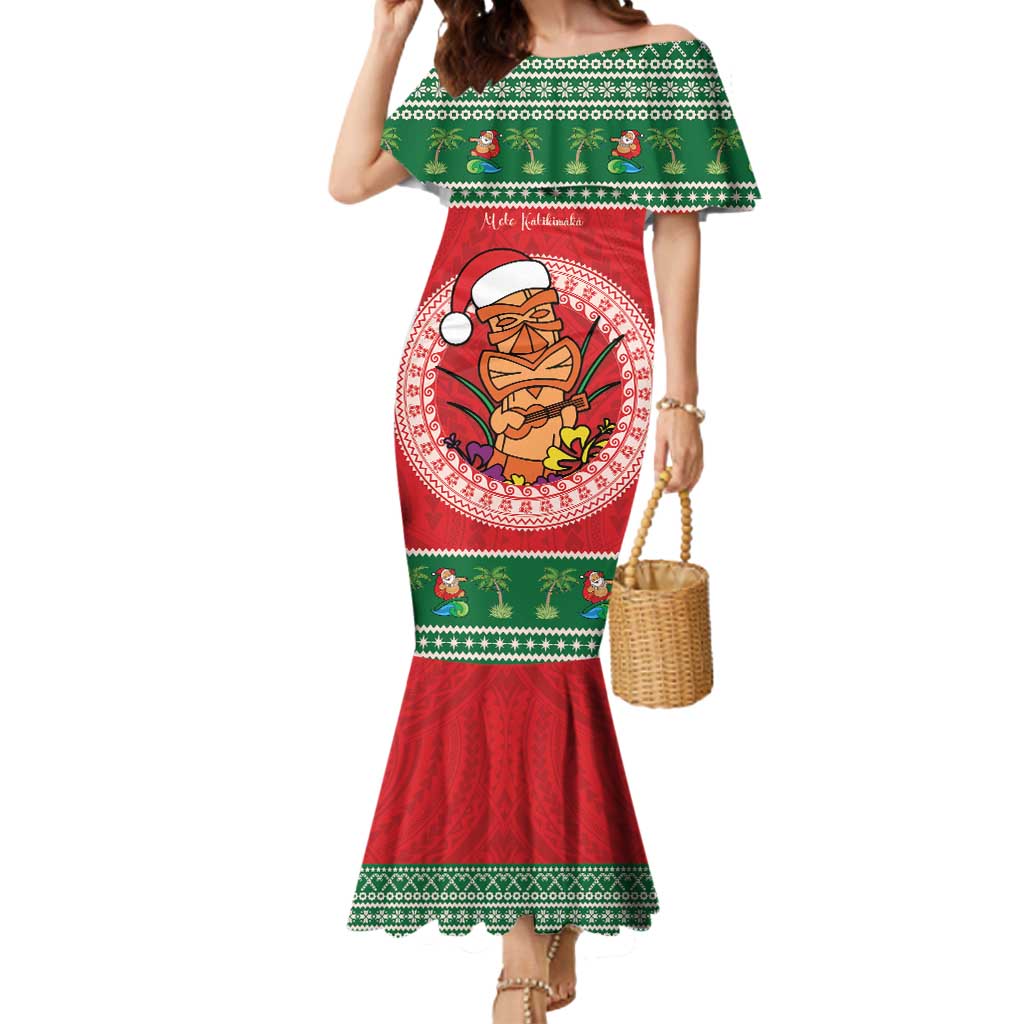 Personalized Hawaii Christmas Mermaid Dress Tiki Santa Mele Kalikimaka LT14 Women Red - Polynesian Pride