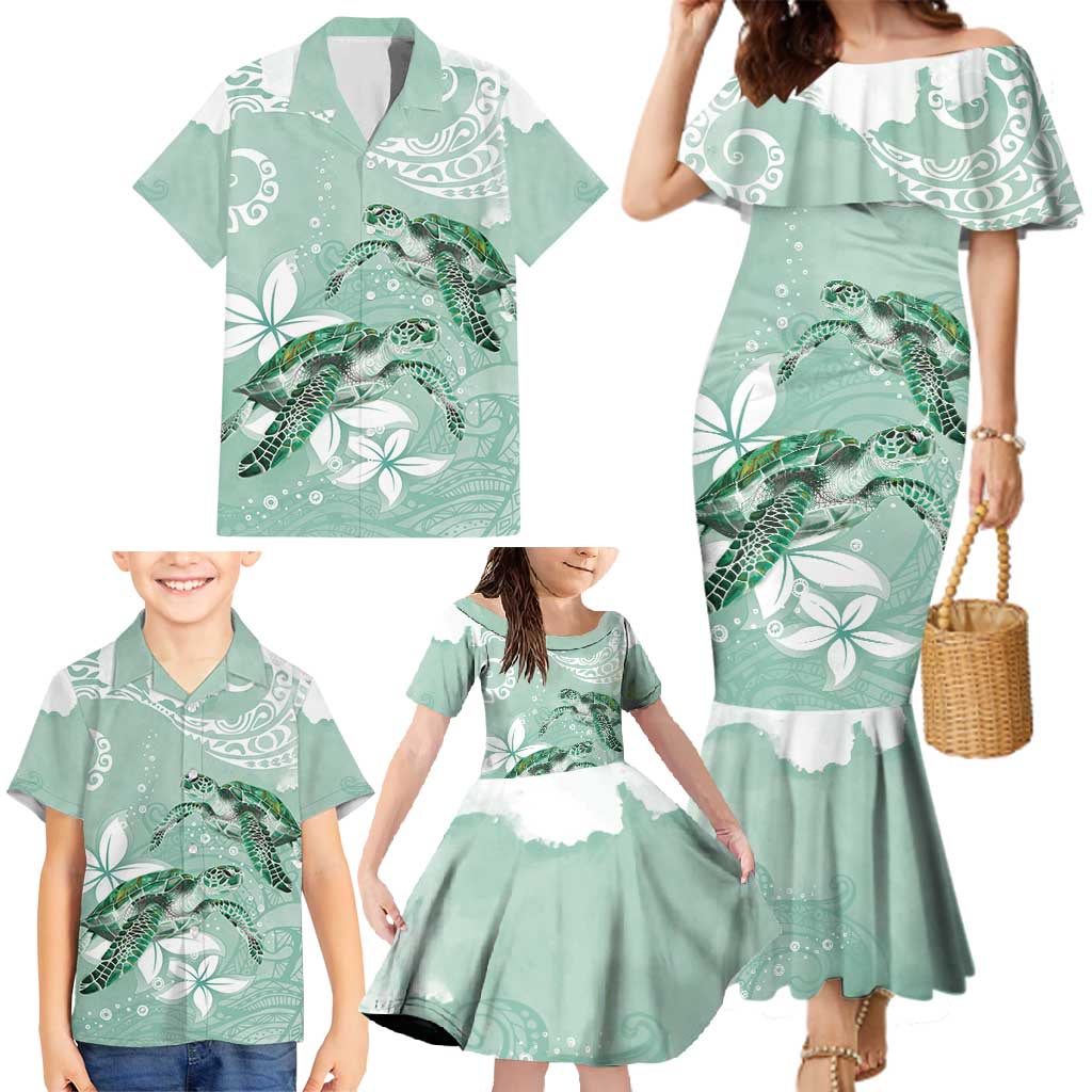 Happy Valentine's Day Polynesia Family Matching Mermaid Dress and Hawaiian Shirt SeaTurtle Couple Polynesian - Green Lester Color