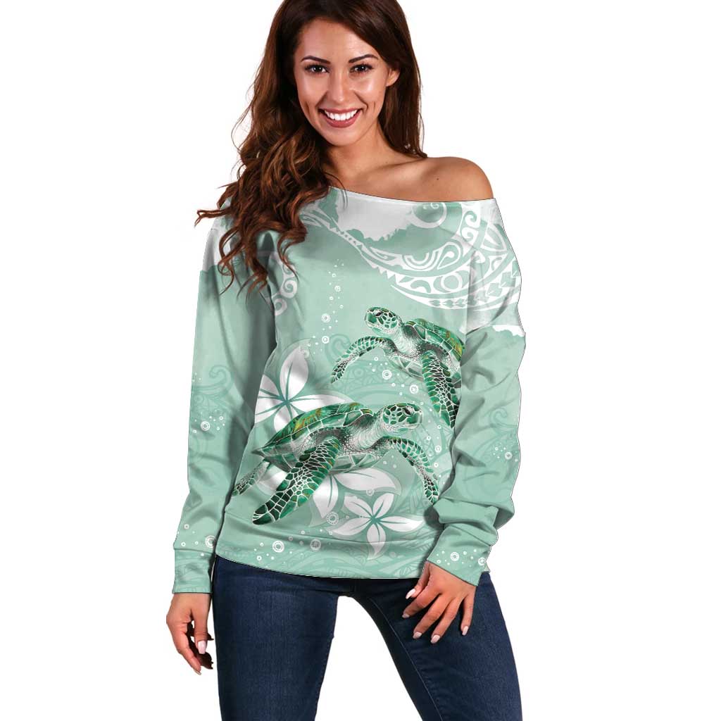 Happy Valentine's Day Polynesia Off Shoulder Sweater SeaTurtle Couple Polynesian - Green Lester Color LT14 Women Green - Polynesian Pride