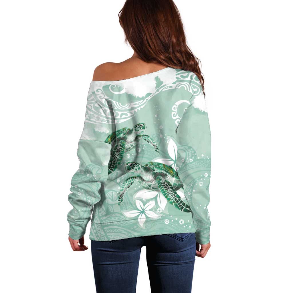 Happy Valentine's Day Polynesia Off Shoulder Sweater SeaTurtle Couple Polynesian - Green Lester Color LT14 - Polynesian Pride