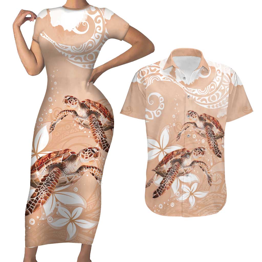 Happy Valentine's Day Polynesia Couples Matching Short Sleeve Bodycon Dress and Hawaiian Shirt SeaTurtle Couple Polynesian - Desert Sand Color