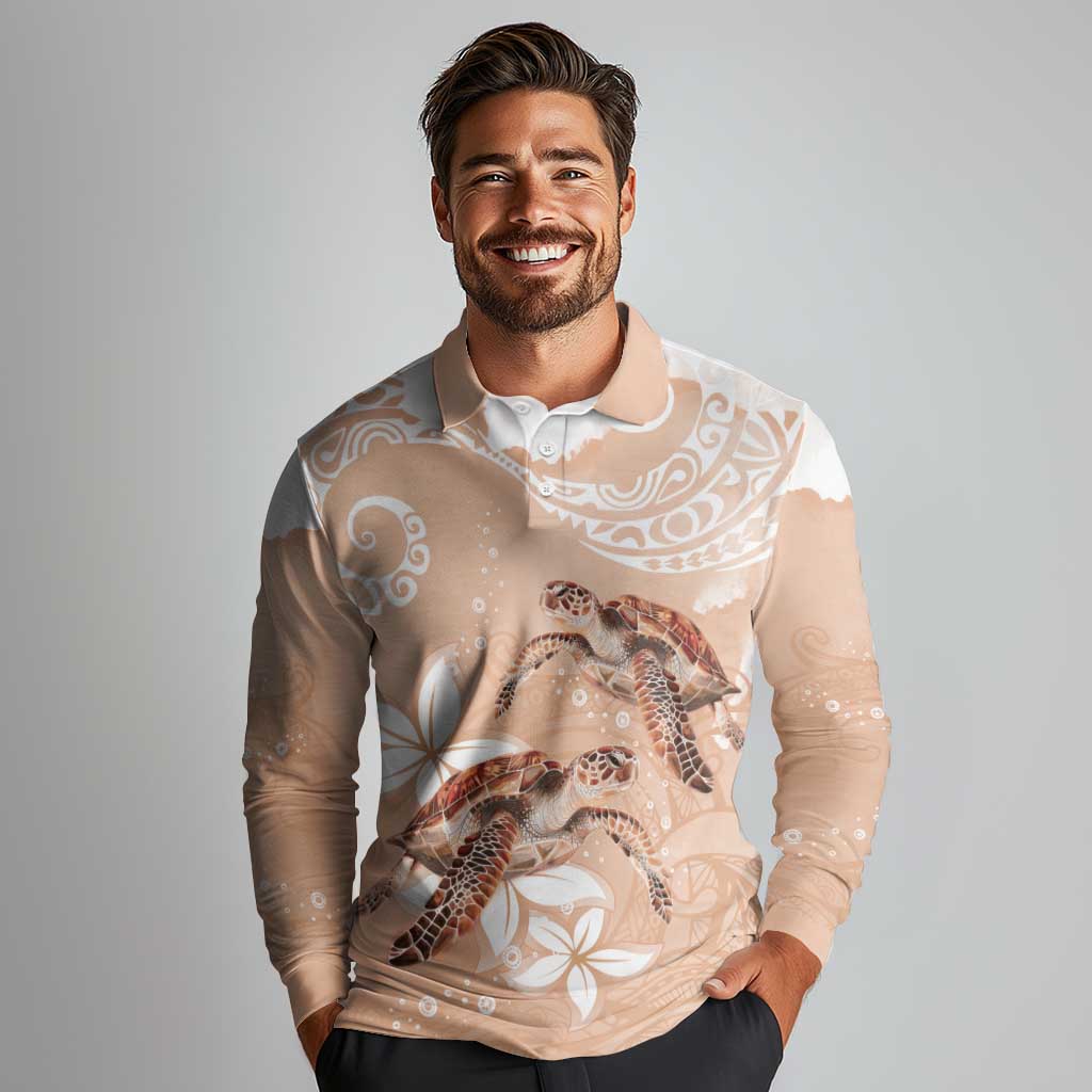 Happy Valentine's Day Polynesia Long Sleeve Polo Shirt SeaTurtle Couple Polynesian - Desert Sand Color LT14 - Polynesian Pride