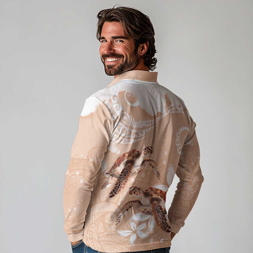 Happy Valentine's Day Polynesia Long Sleeve Polo Shirt SeaTurtle Couple Polynesian - Desert Sand Color LT14 - Polynesian Pride