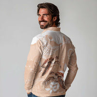 Happy Valentine's Day Polynesia Long Sleeve Polo Shirt SeaTurtle Couple Polynesian - Desert Sand Color LT14 - Polynesian Pride