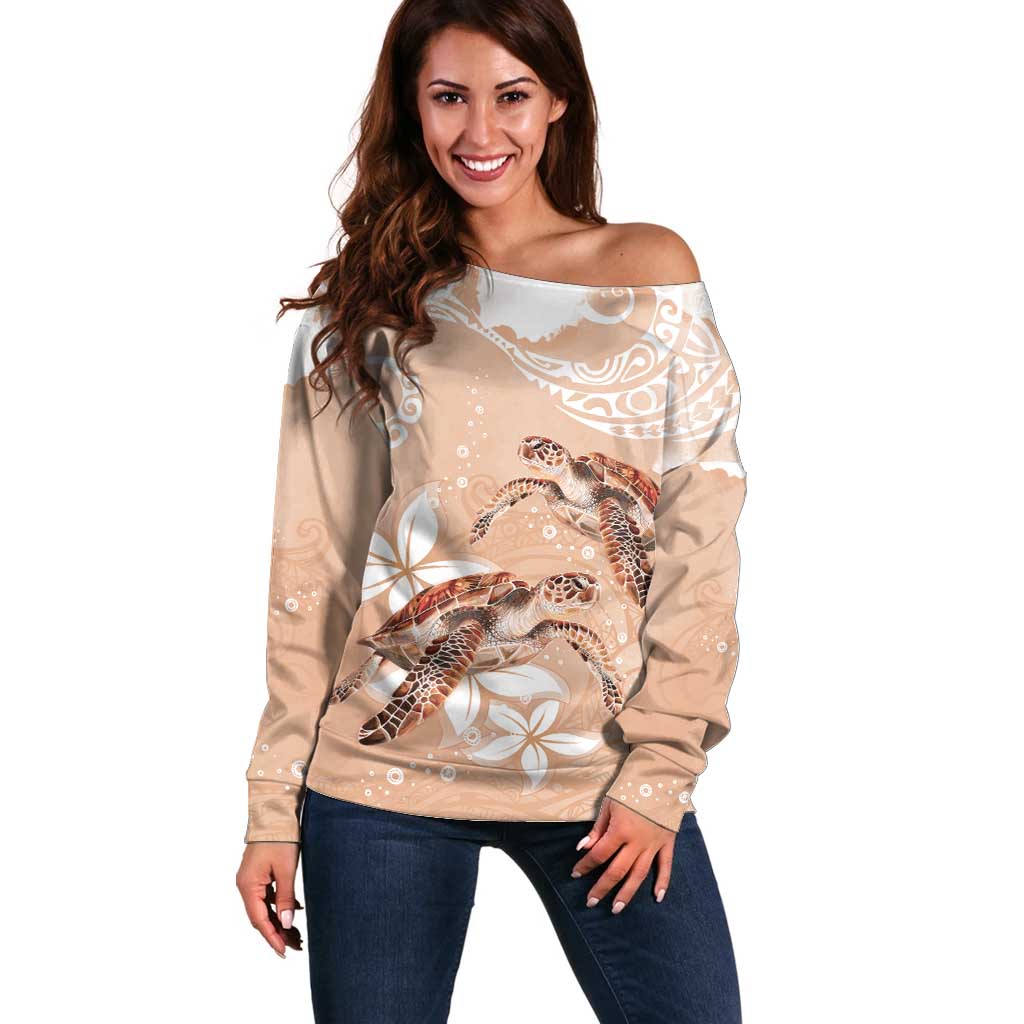 Happy Valentine's Day Polynesia Off Shoulder Sweater SeaTurtle Couple Polynesian - Desert Sand Color LT14 Women Desert Sand - Polynesian Pride