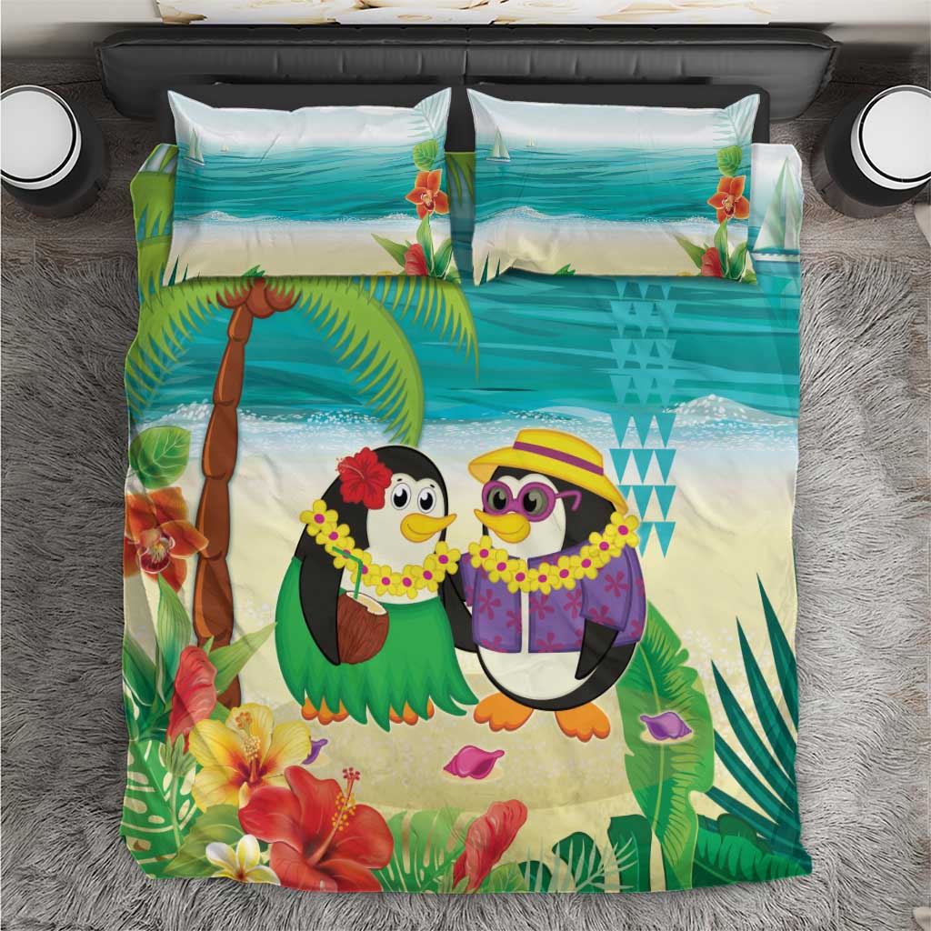 Hawaii Penguin Couple Bedding Set Hawaiian Kakau - Tropical Summer Vibes LT14 Cyan - Polynesian Pride