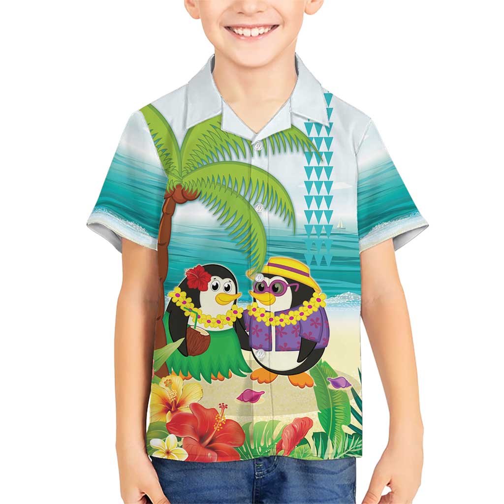 Hawaii Penguin Couple Kid Hawaiian Shirt Hawaiian Kakau - Tropical Summer Vibes LT14 Kid Cyan - Polynesian Pride