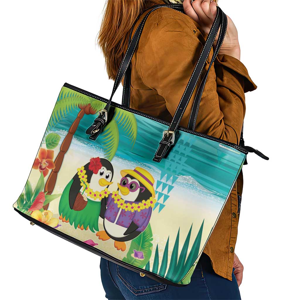 Hawaii Penguin Couple Leather Tote Bag Hawaiian Kakau - Tropical