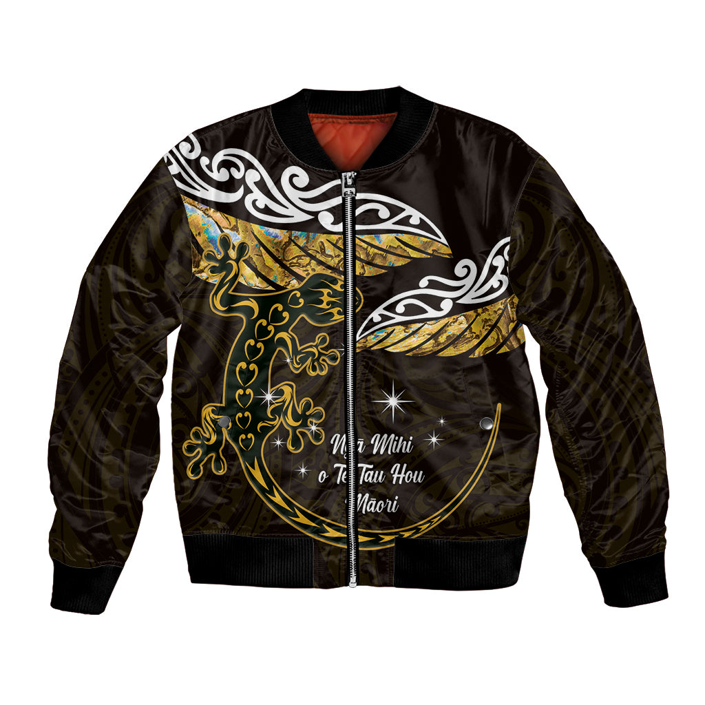 New Zealand Matariki Bomber Jacket Maori New Year Silver Fern And Lizard - Gold LT14 Unisex Gold - Polynesian Pride