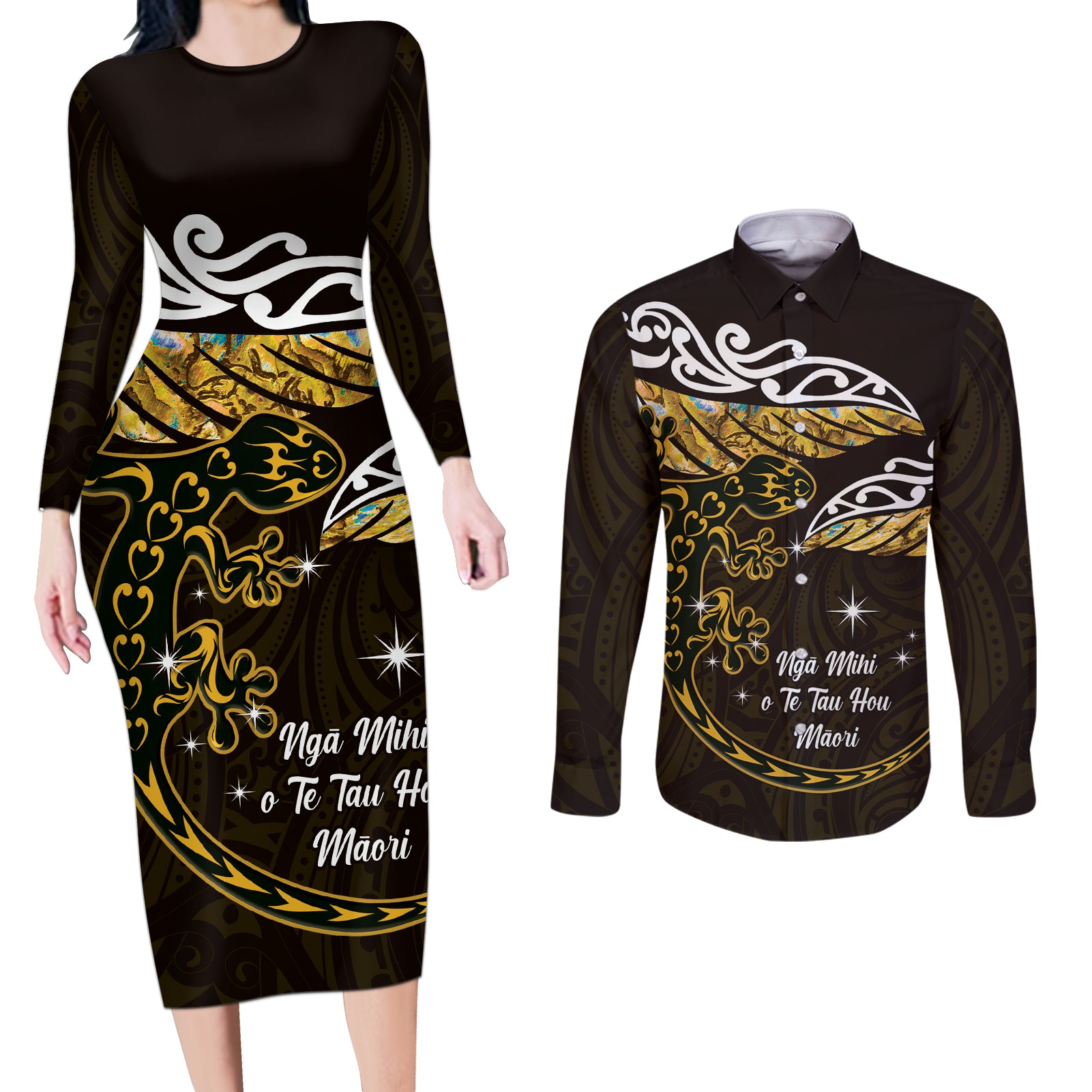 New Zealand Matariki Couples Matching Long Sleeve Bodycon Dress and Long Sleeve Button Shirt Maori New Year Silver Fern And Lizard - Gold