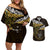 New Zealand Matariki Couples Matching Off Shoulder Short Dress and Hawaiian Shirt Maori New Year Silver Fern And Lizard - Gold