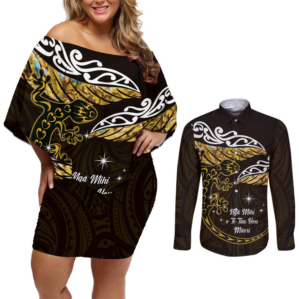 New Zealand Matariki Couples Matching Off Shoulder Short Dress and Long Sleeve Button Shirt Maori New Year Silver Fern And Lizard - Gold