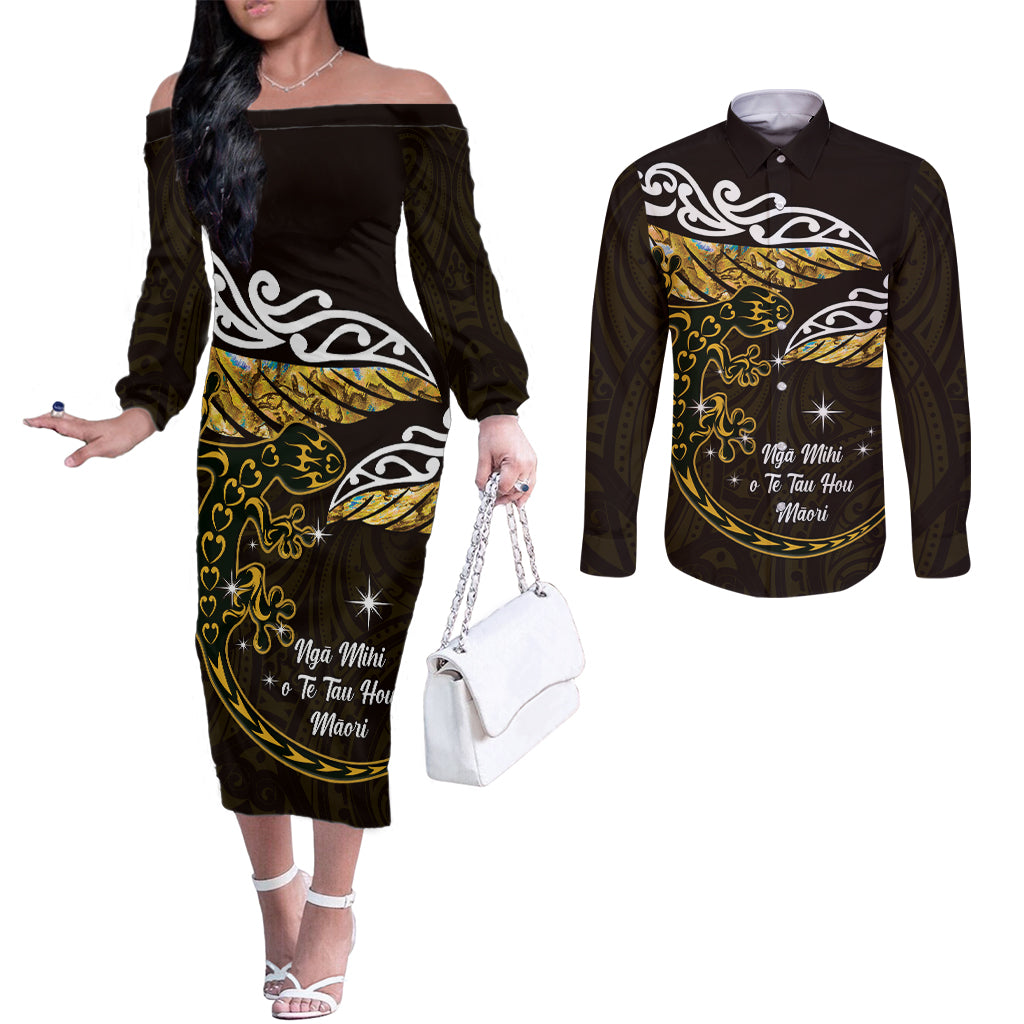 New Zealand Matariki Couples Matching Off The Shoulder Long Sleeve Dress and Long Sleeve Button Shirt Maori New Year Silver Fern And Lizard - Gold