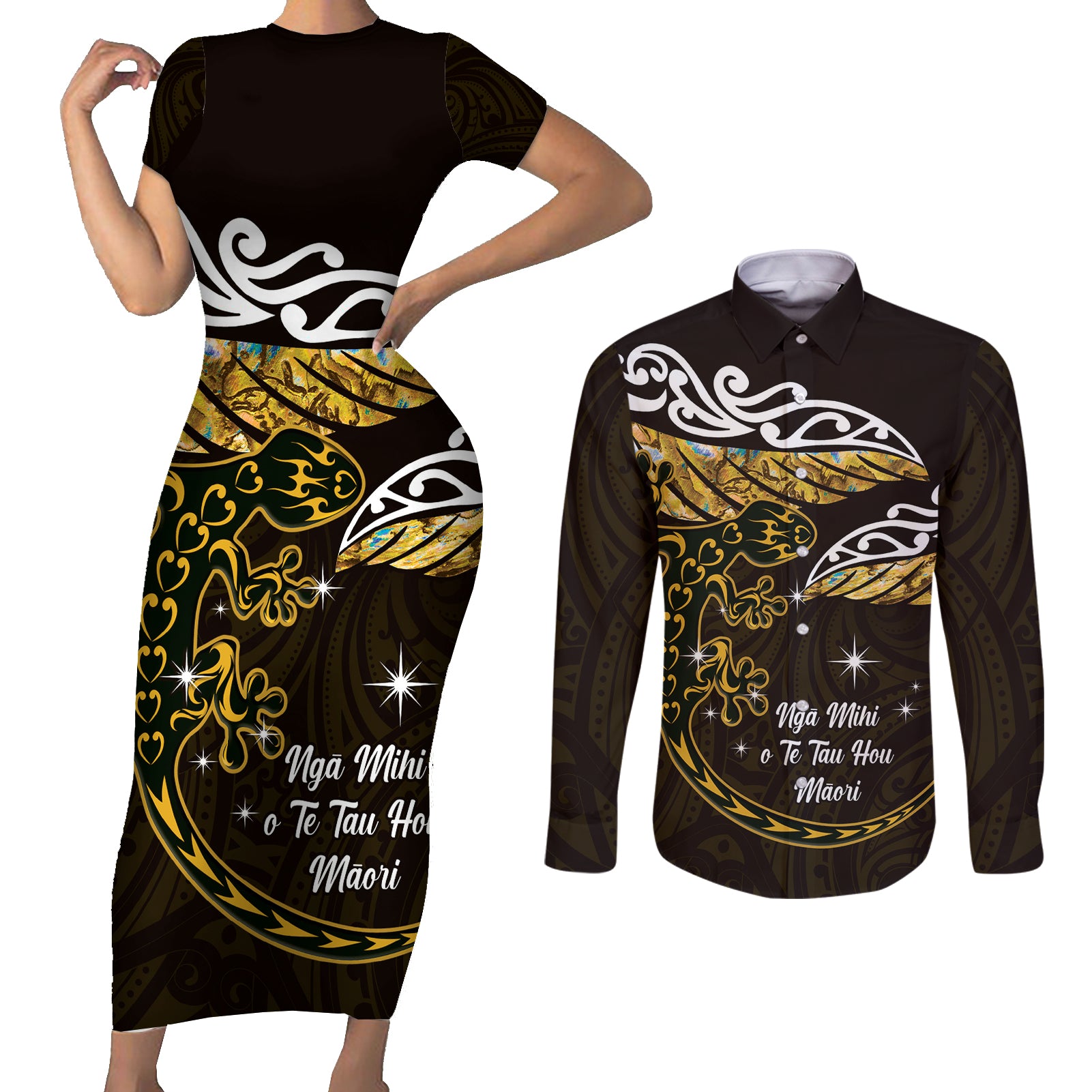 New Zealand Matariki Couples Matching Short Sleeve Bodycon Dress and Long Sleeve Button Shirt Maori New Year Silver Fern And Lizard - Gold