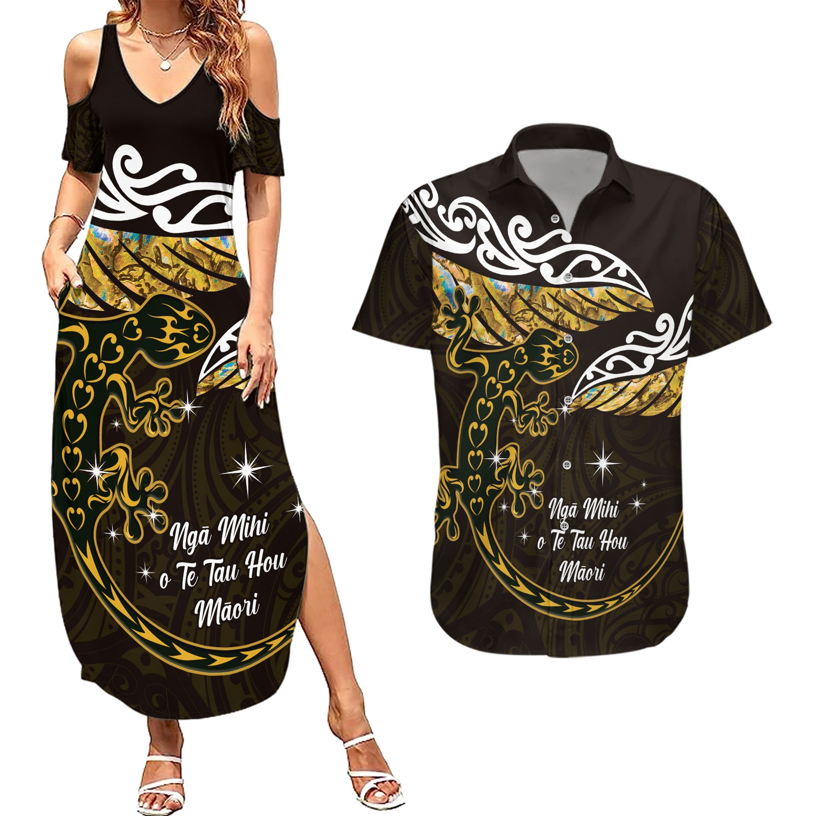 New Zealand Matariki Couples Matching Summer Maxi Dress and Hawaiian Shirt Maori New Year Silver Fern And Lizard - Gold