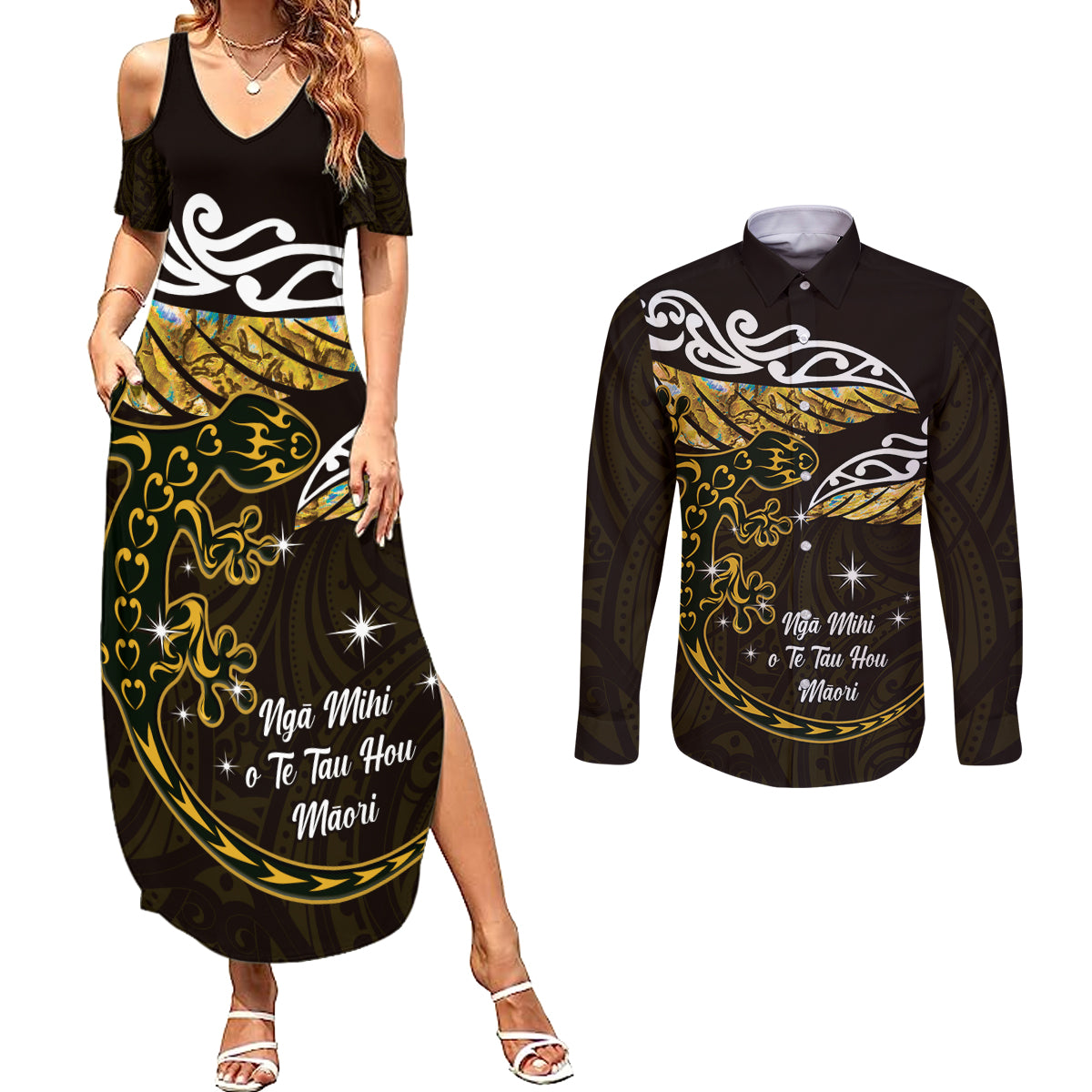 New Zealand Matariki Couples Matching Summer Maxi Dress and Long Sleeve Button Shirt Maori New Year Silver Fern And Lizard - Gold