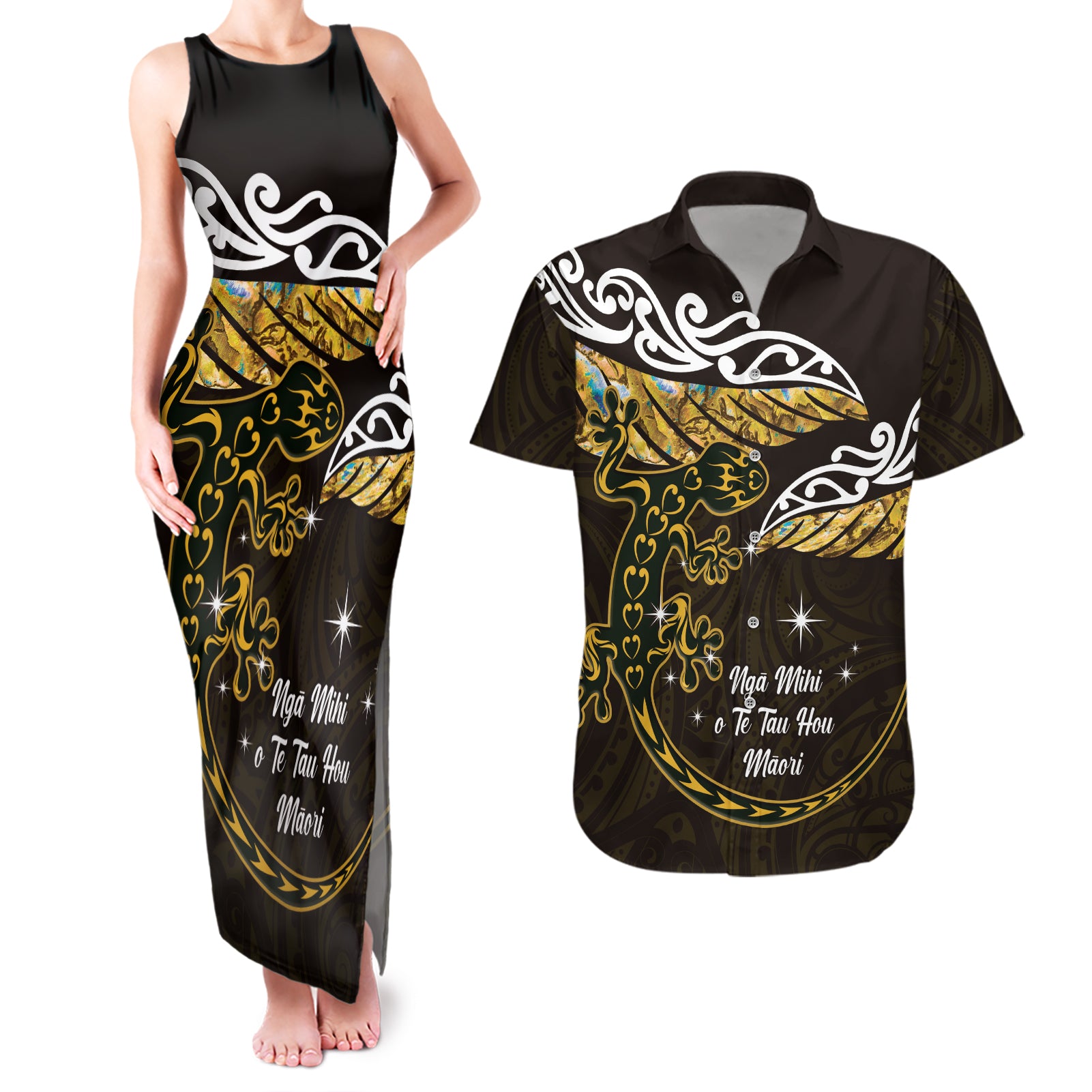 New Zealand Matariki Couples Matching Tank Maxi Dress and Hawaiian Shirt Maori New Year Silver Fern And Lizard - Gold