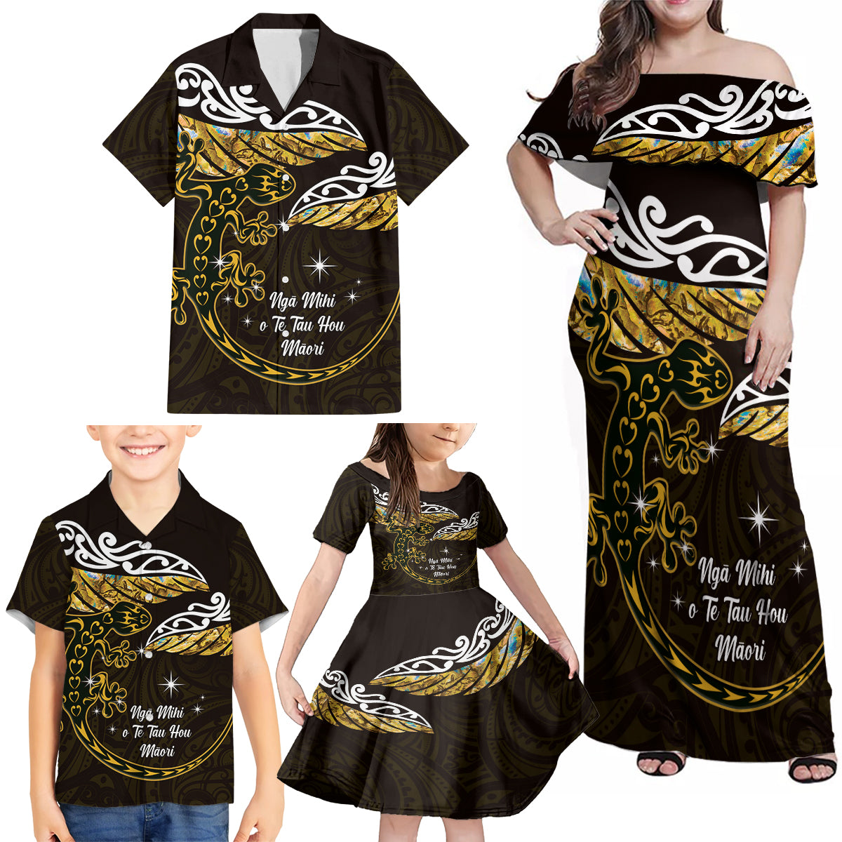 New Zealand Matariki Family Matching Off Shoulder Maxi Dress and Hawaiian Shirt Maori New Year Silver Fern And Lizard - Gold