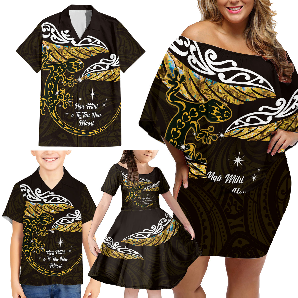 New Zealand Matariki Family Matching Off Shoulder Short Dress and Hawaiian Shirt Maori New Year Silver Fern And Lizard - Gold