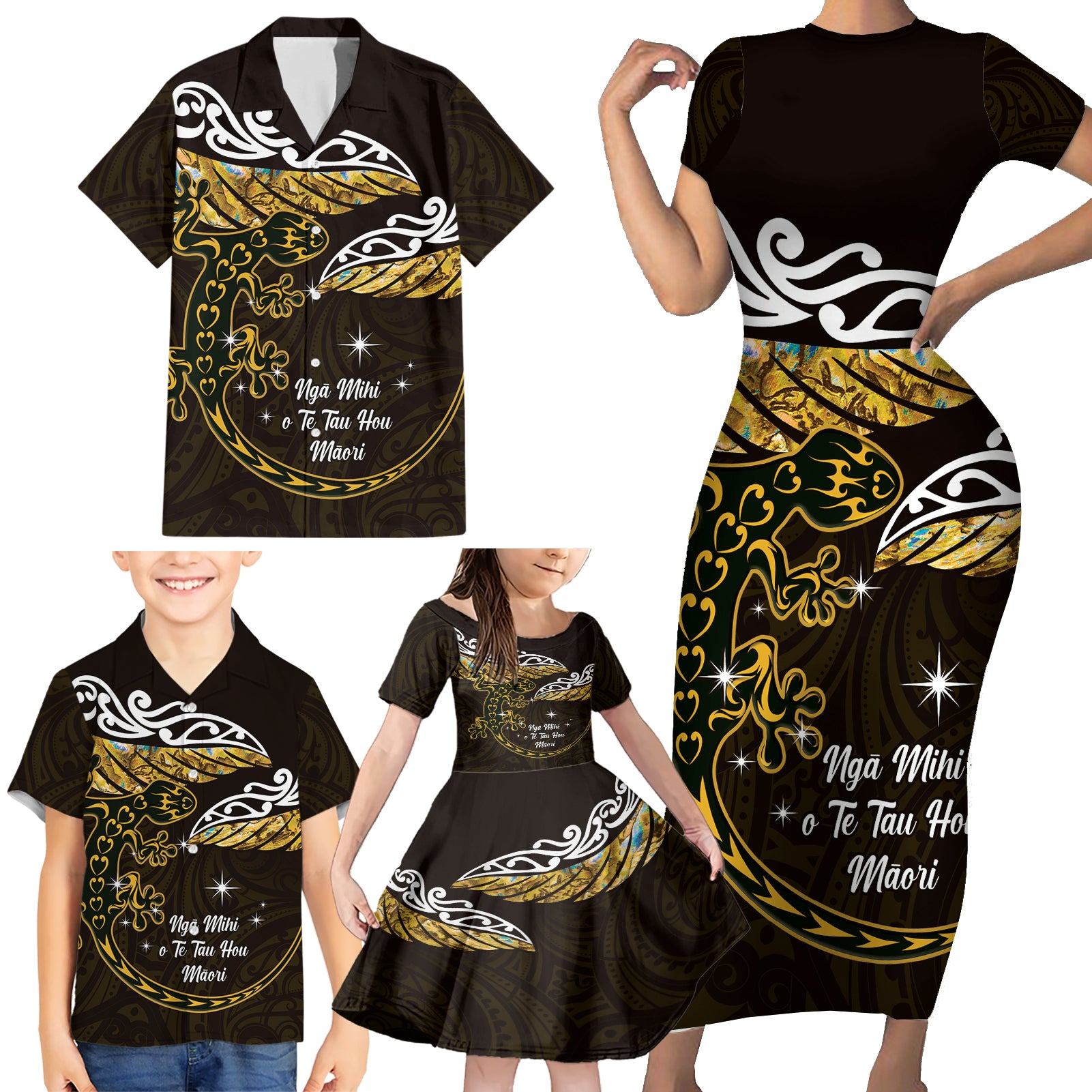 New Zealand Matariki Family Matching Short Sleeve Bodycon Dress and Hawaiian Shirt Maori New Year Silver Fern And Lizard - Gold