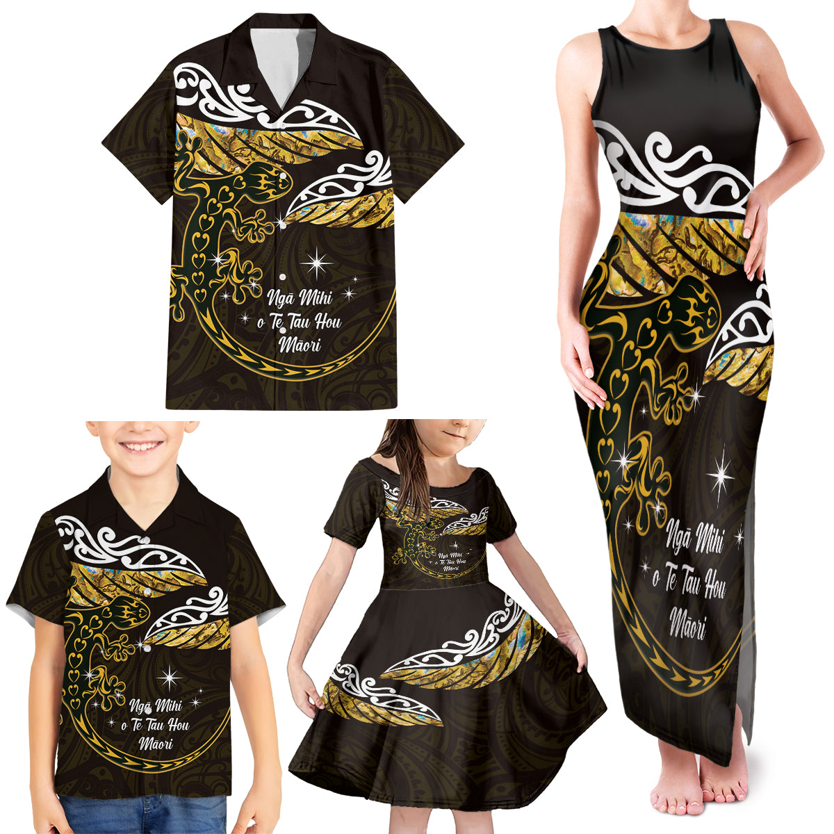 New Zealand Matariki Family Matching Tank Maxi Dress and Hawaiian Shirt Maori New Year Silver Fern And Lizard - Gold