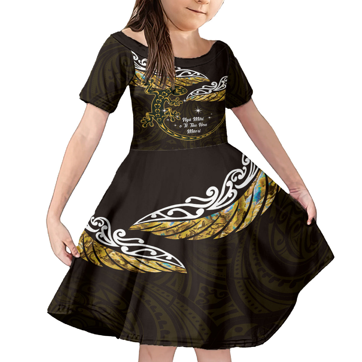 New Zealand Matariki Kid Short Sleeve Dress Maori New Year Silver Fern And Lizard - Gold