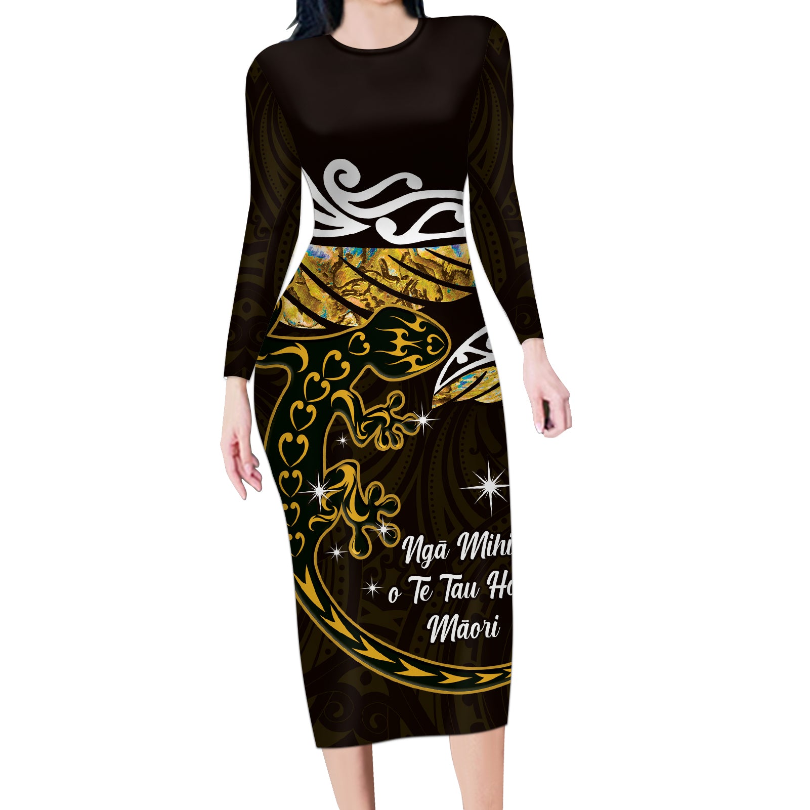 New Zealand Matariki Long Sleeve Bodycon Dress Maori New Year Silver Fern And Lizard - Gold