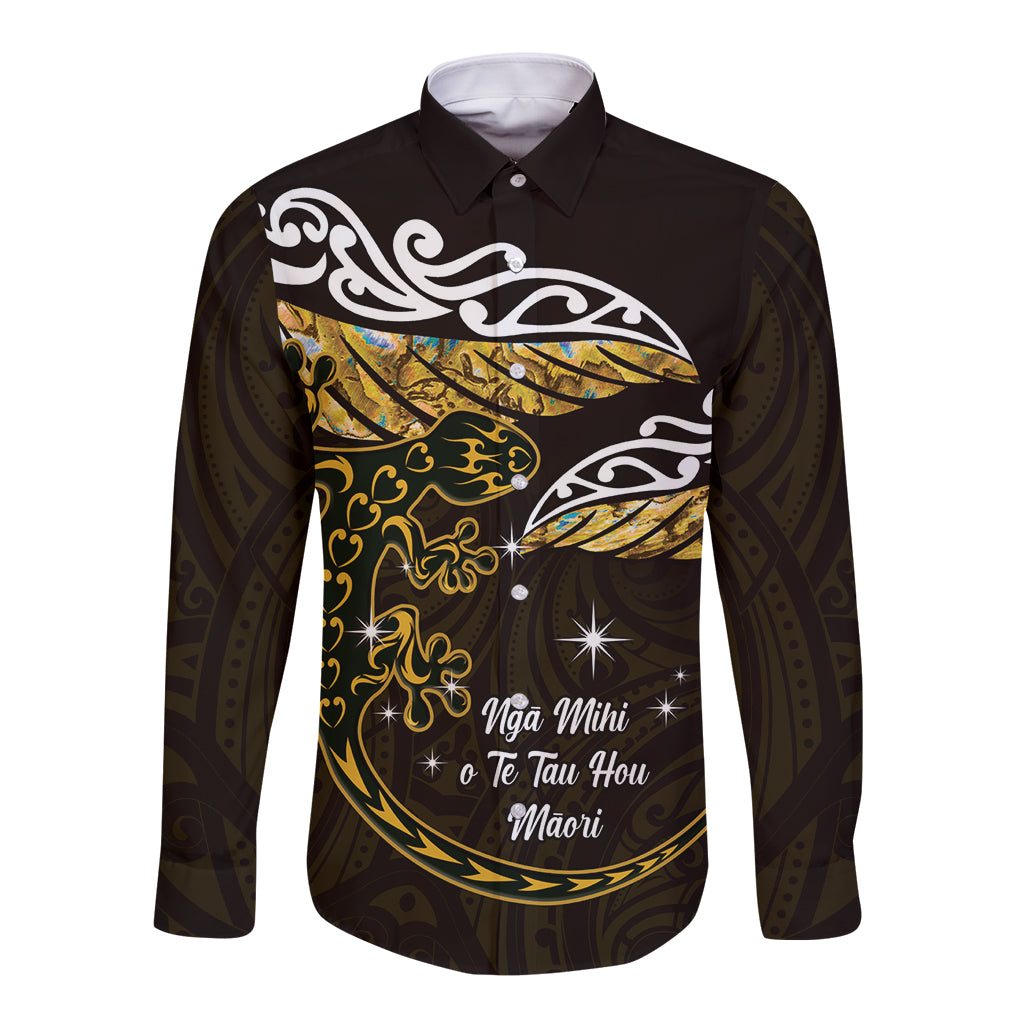 New Zealand Matariki Long Sleeve Button Shirt Maori New Year Silver Fern And Lizard - Gold