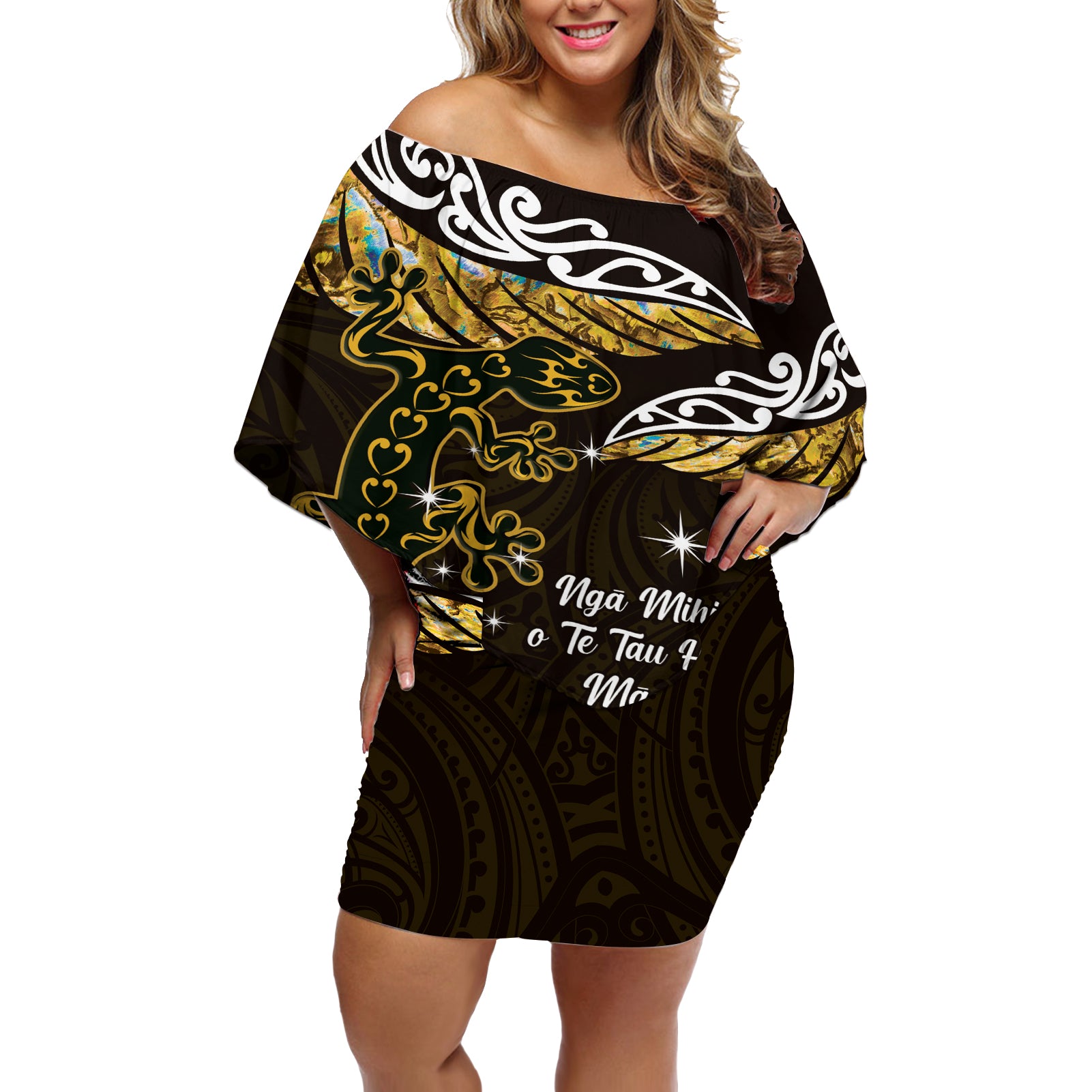 New Zealand Matariki Off Shoulder Short Dress Maori New Year Silver Fern And Lizard - Gold