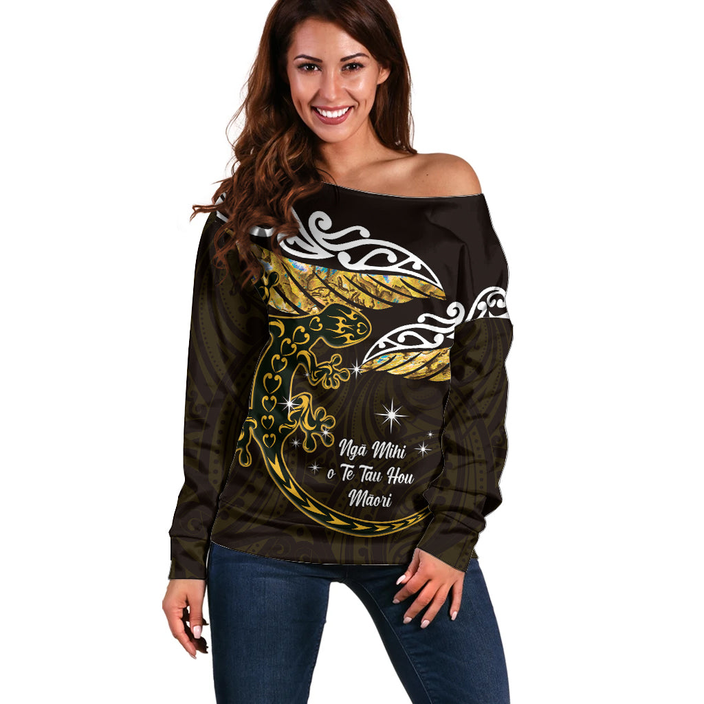 New Zealand Matariki Off Shoulder Sweater Maori New Year Silver Fern And Lizard - Gold