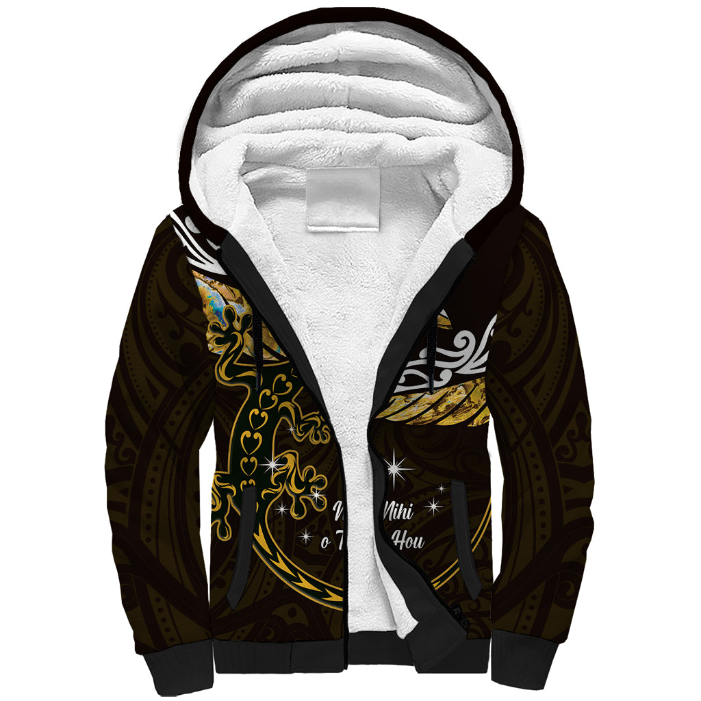 New Zealand Matariki Sherpa Hoodie Maori New Year Silver Fern And Lizard - Gold