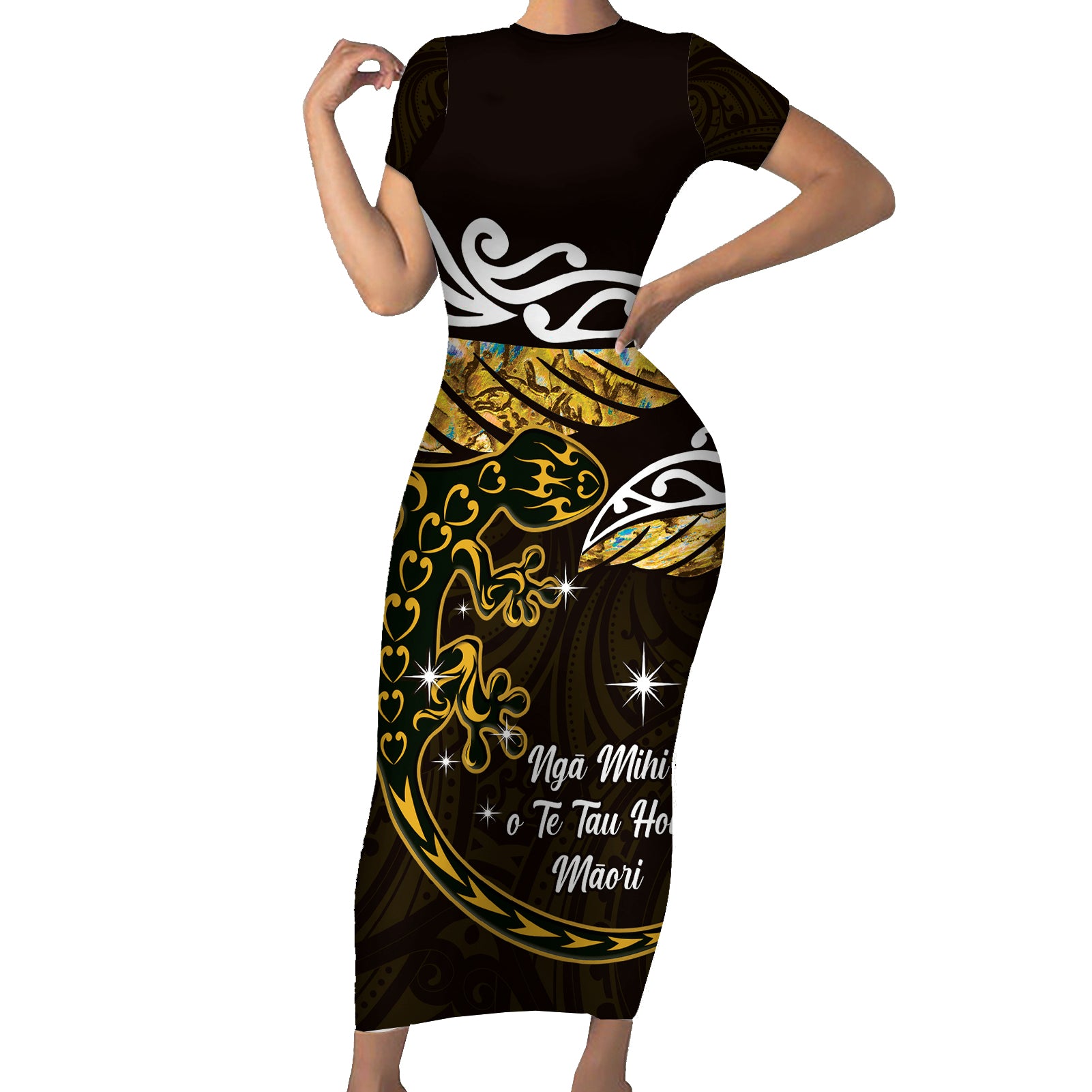 New Zealand Matariki Short Sleeve Bodycon Dress Maori New Year Silver Fern And Lizard - Gold