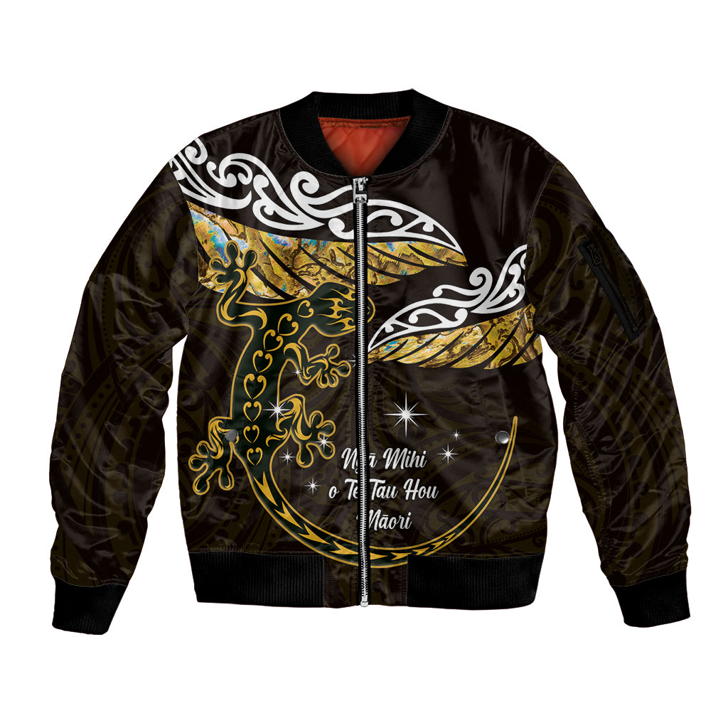 New Zealand Matariki Sleeve Zip Bomber Jacket Maori New Year Silver Fern And Lizard - Gold