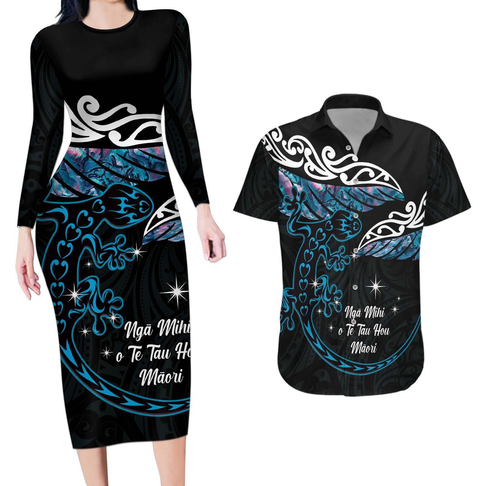 New Zealand Matariki Couples Matching Long Sleeve Bodycon Dress and Hawaiian Shirt Maori New Year Silver Fern And Lizard - Turquosie