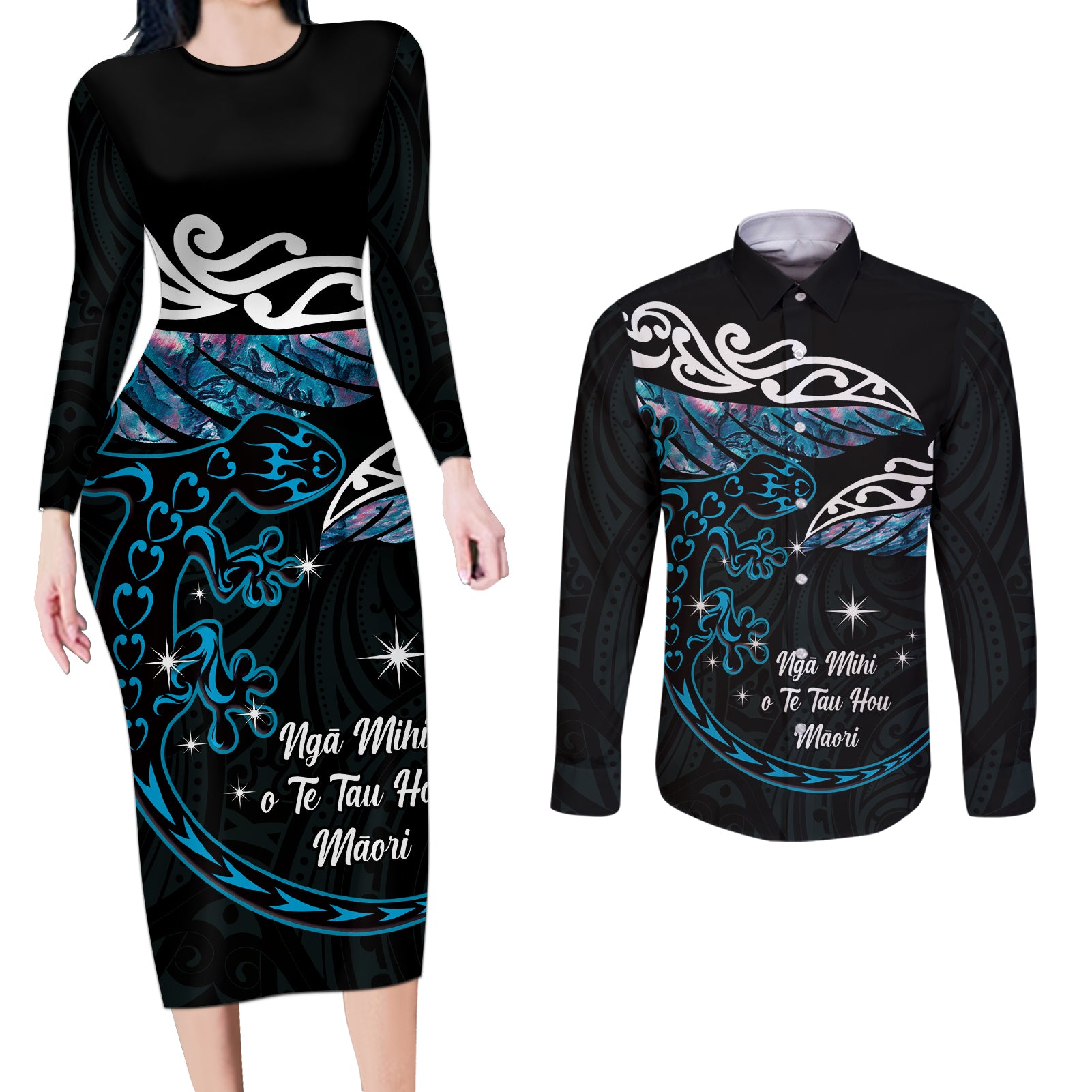 New Zealand Matariki Couples Matching Long Sleeve Bodycon Dress and Long Sleeve Button Shirt Maori New Year Silver Fern And Lizard - Turquosie