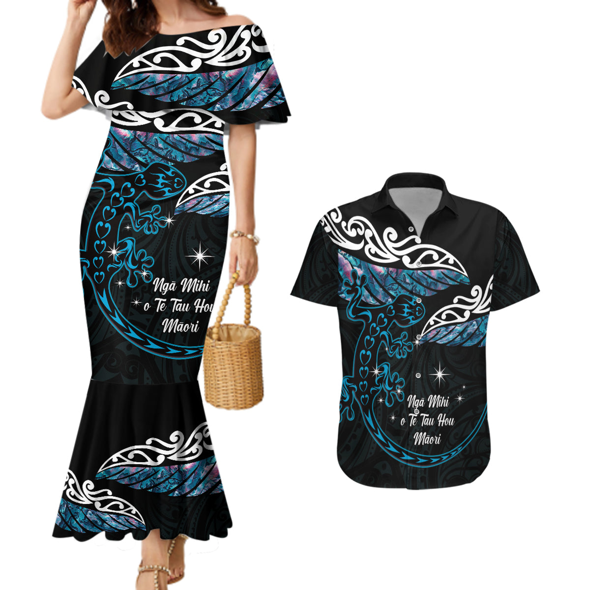 New Zealand Matariki Couples Matching Mermaid Dress and Hawaiian Shirt Maori New Year Silver Fern And Lizard - Turquosie