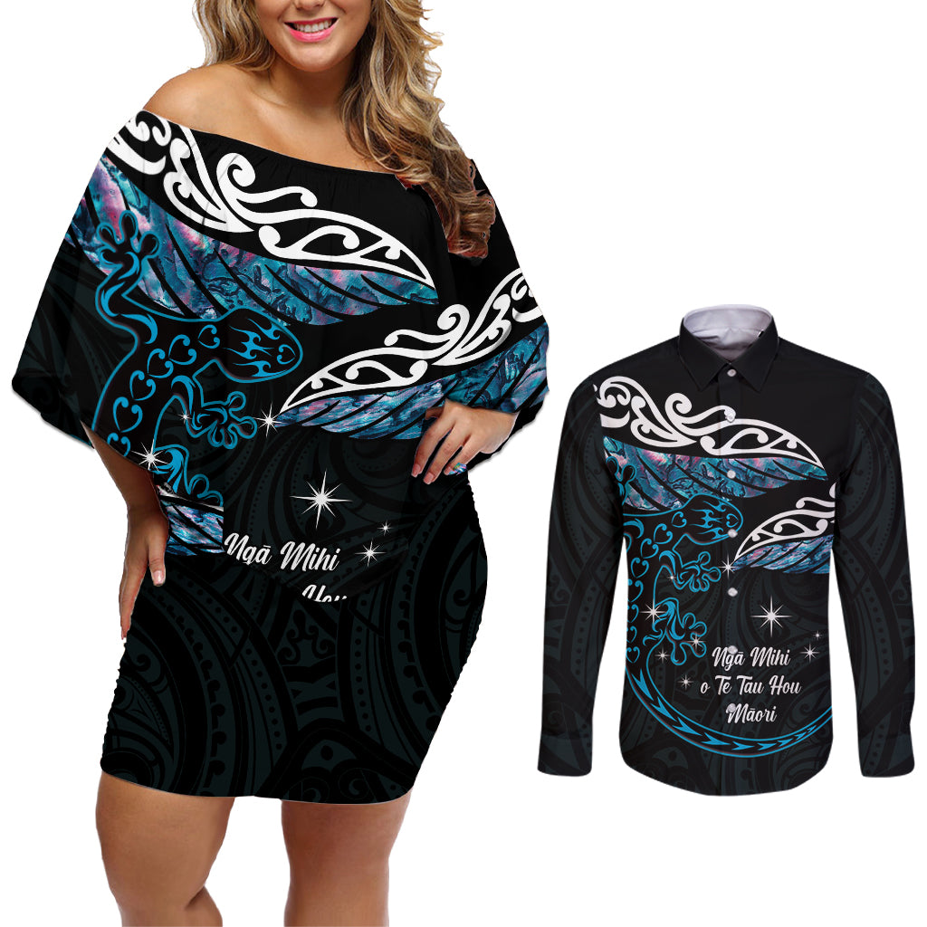 New Zealand Matariki Couples Matching Off Shoulder Short Dress and Long Sleeve Button Shirt Maori New Year Silver Fern And Lizard - Turquosie