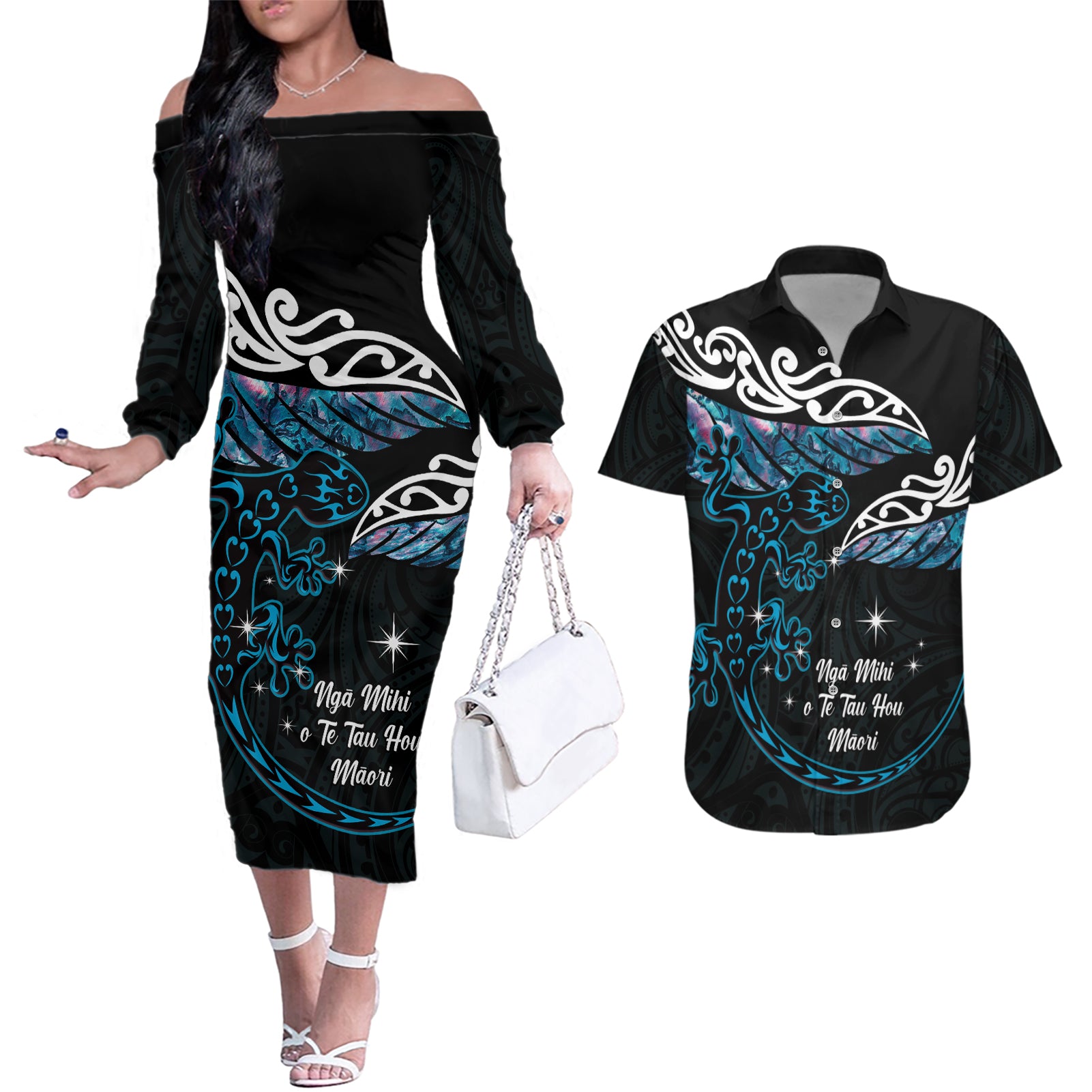 New Zealand Matariki Couples Matching Off The Shoulder Long Sleeve Dress and Hawaiian Shirt Maori New Year Silver Fern And Lizard - Turquosie