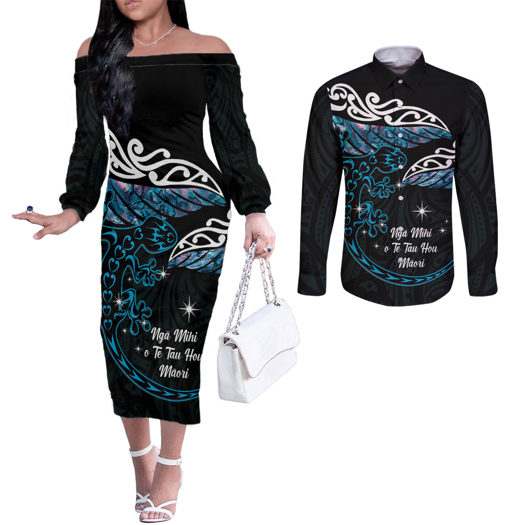 New Zealand Matariki Couples Matching Off The Shoulder Long Sleeve Dress and Long Sleeve Button Shirt Maori New Year Silver Fern And Lizard - Turquosie